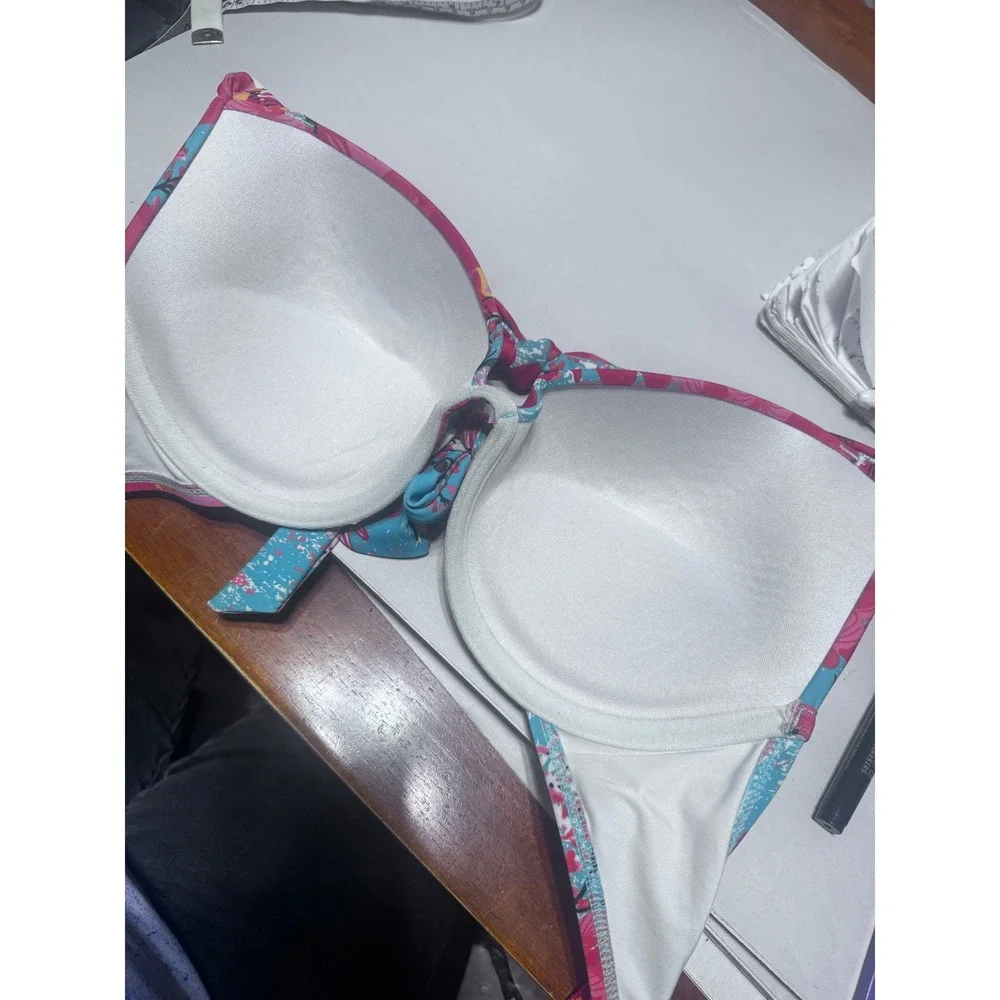 Relleciga Pink Tropical Floral Halter Bikini Top Padded Front Knot Swimwear L